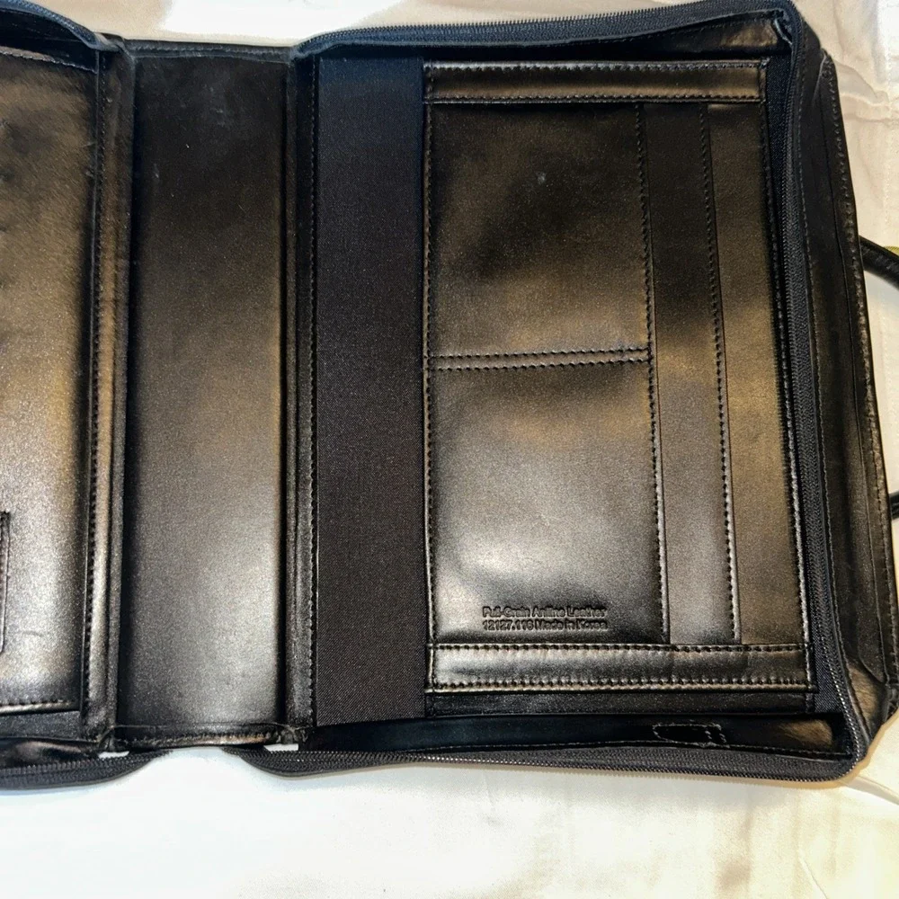 Vintage Franklin Quest Full-Grain Leather Planner Binder Black Zip Clasp‎ Handle